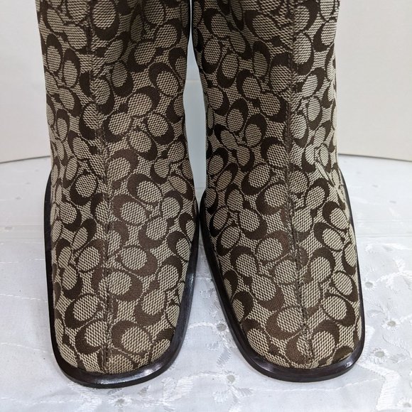 Coach Khaki & Brown Jacquard Signature Logo Bibi Mid Calf Boots - size 5.5M NWT